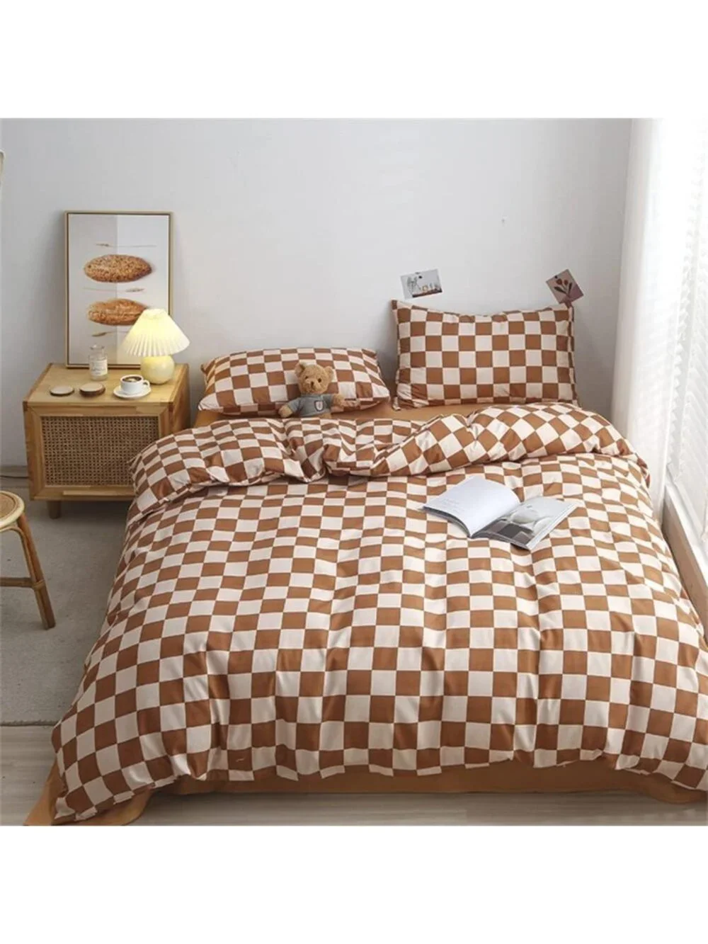 Cozy Pumpkin White Plaid Queen Comforter Set - Brown Checkerboard Grid Design